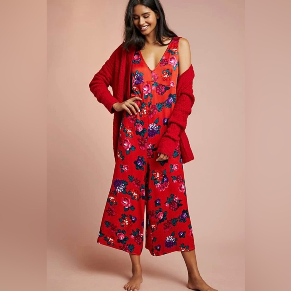 Anthropologie Floreat Rose Women’s XS Red Floral Jumpsuit Sleeveless Wide Leg.